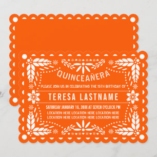 Vibrant orange och vit papel picado Quinceañera Inbjudningar