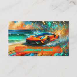 Vibrant Orange Sportscar på en Tropical Beach Visitkort