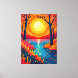 Vibrant Orange Sunset Lake Landscape Art Canvastryck
