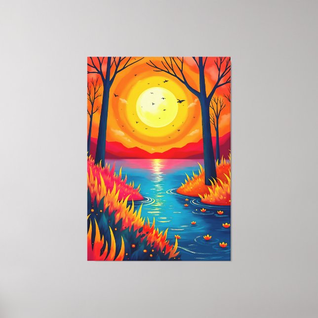 Vibrant Orange Sunset Lake Landscape Art Canvastryck (Framsida)