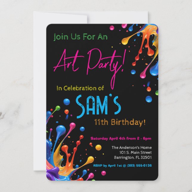 Vibrant Paint Splash Art Party Birthday Invitation Inbjudningar (Framsida)