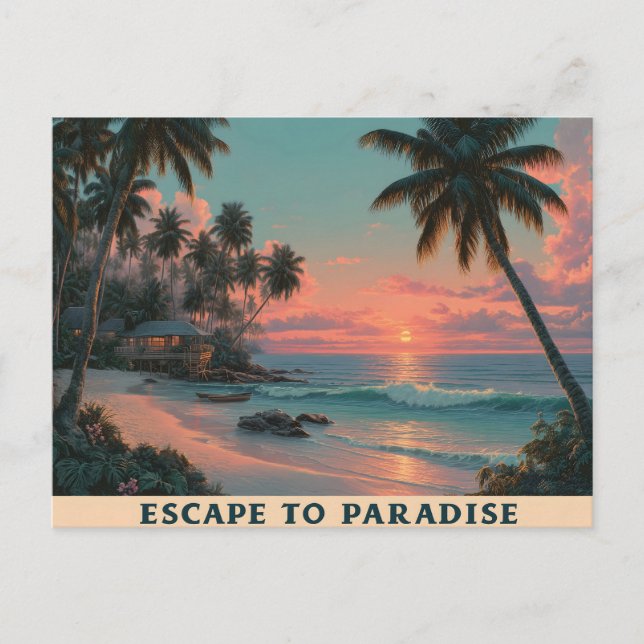 Vibrant Painterly Tropical Beach Sunset  Helg Vykort (Framsida)