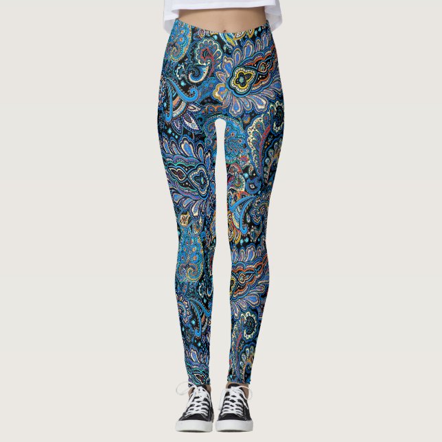 Vibrant Paisley Pattern in Blue on Black Leggings (Framsida)