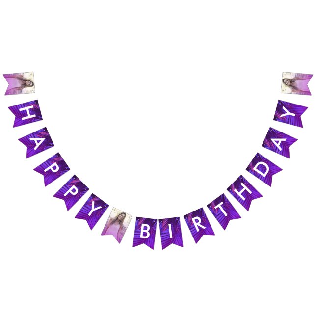 Vibrant Palm Leaf Purple Photo Happy Birthday Flag Vimplar (Alla)