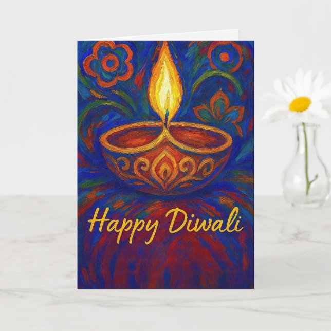 Vibrant Paskriven Diya Lycklig Diwali Hälsning Kort (Liten växt)
