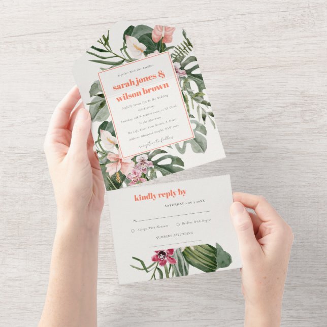 Vibrant Peach  Boho Tropical Blommigt Bröllop (Avrivbar del)