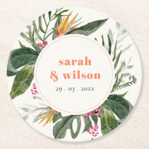 Vibrant Peach Boho Tropical Blommigt Bröllop Underlägg Papper Rund