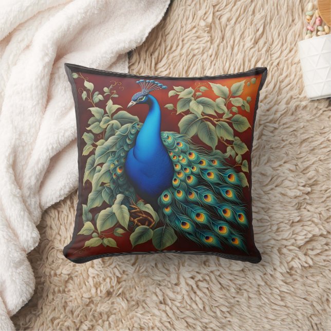 Vibrant Peacock Amidst Lush Greenery Kudde (Filt)