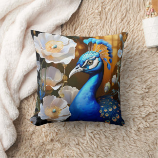 Vibrant Peacock bland vita blommor vid Sunset Kudde
