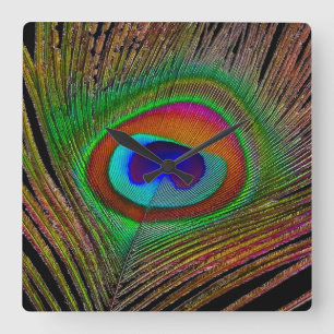 Vibrant Peacock Feather Fyrkantig Klocka