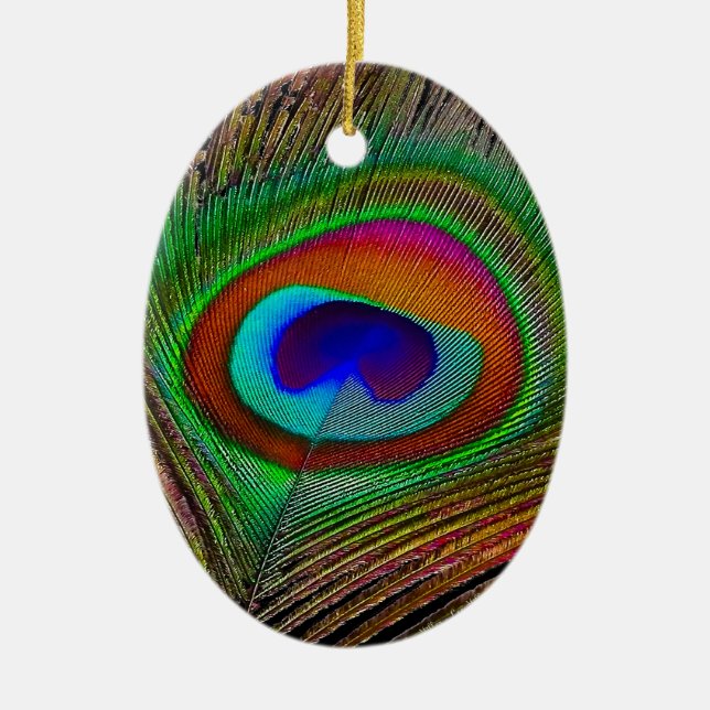 Vibrant Peacock Feather Julgransprydnad Keramik (Framsidan)