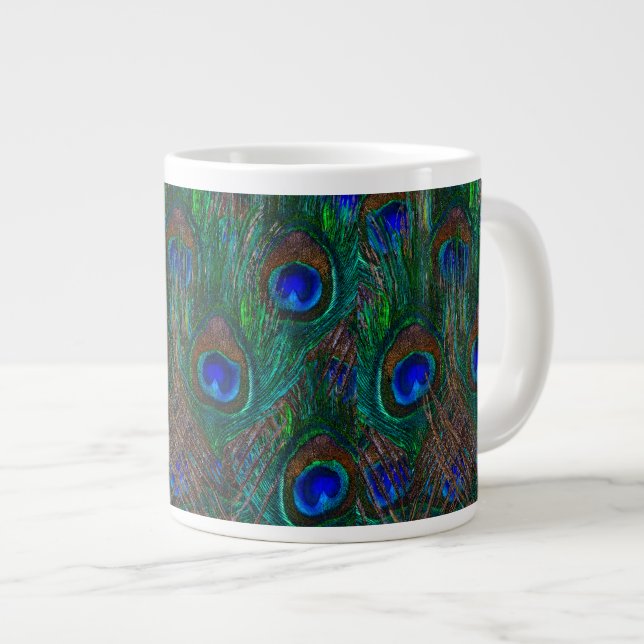 Vibrant Peacock Feathers Etching Stil Decor Jumbo Mugg (Framsida höger)