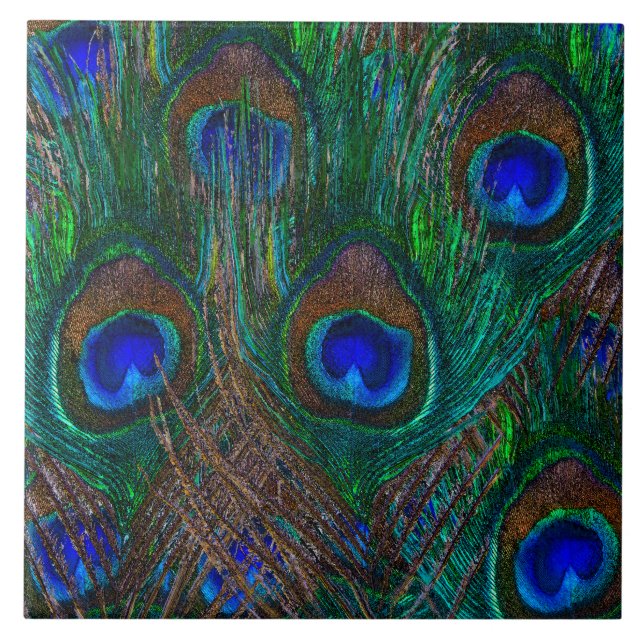 Vibrant Peacock Feathers Etching Stil Decor Kakelplatta (Framsidan)