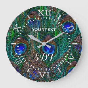 Vibrant Peacock Fjädrar Etching Stil Dial på en Stor Klocka