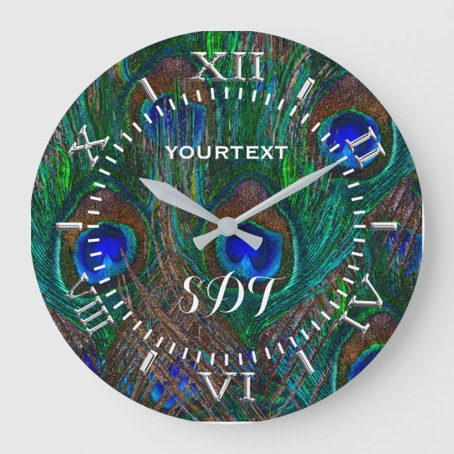 Vibrant Peacock Fjädrar Etching Stil Dial på en Stor Klocka (Framsida)