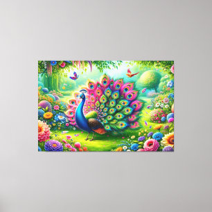 Vibrant Peacock i en Fantasy Garden Painting Canvastryck