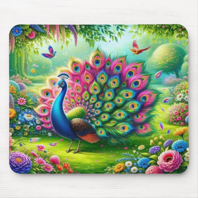Vibrant Peacock i en Fantasy Garden Painting Musmatta (Framsidan)
