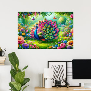 Vibrant Peacock i en Fantasy Garden Painting Poster