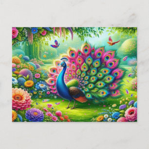 Vibrant Peacock i en Fantasy Garden Painting Vykort