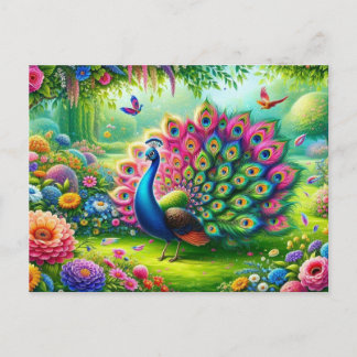 Vibrant Peacock i en Fantasy Garden Painting Vykort