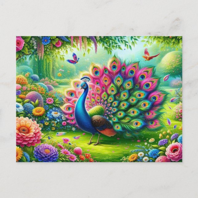 Vibrant Peacock i en Fantasy Garden Painting Vykort (Framsida)