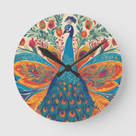 "Vibrant Peacock in Mexican Folk Art Stil Rund Klocka