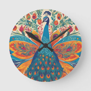 "Vibrant Peacock in Mexican Folk Art Stil Rund Klocka