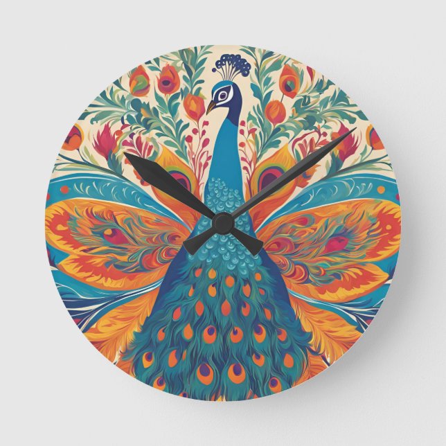 "Vibrant Peacock in Mexican Folk Art Stil Rund Klocka (Framsida)