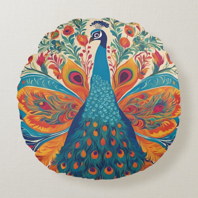 "Vibrant Peacock in Mexican Folk Art Stil Rund Kudde (Framsidan)