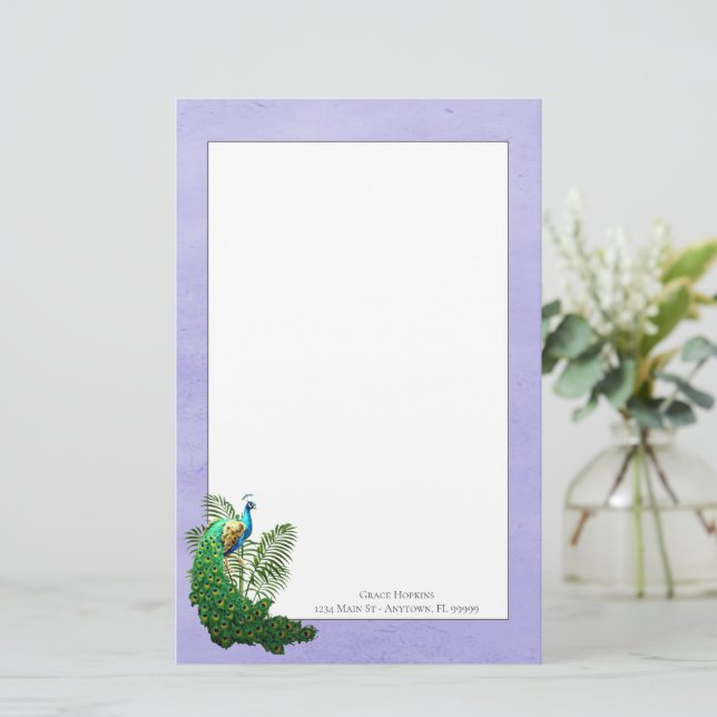 Vibrant Peacock | Lavender Stationery Brevpapper (Stående Fram)