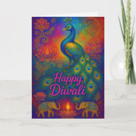 Vibrant Peacock & Lotus Lycklig Diwali Hälsning Kort