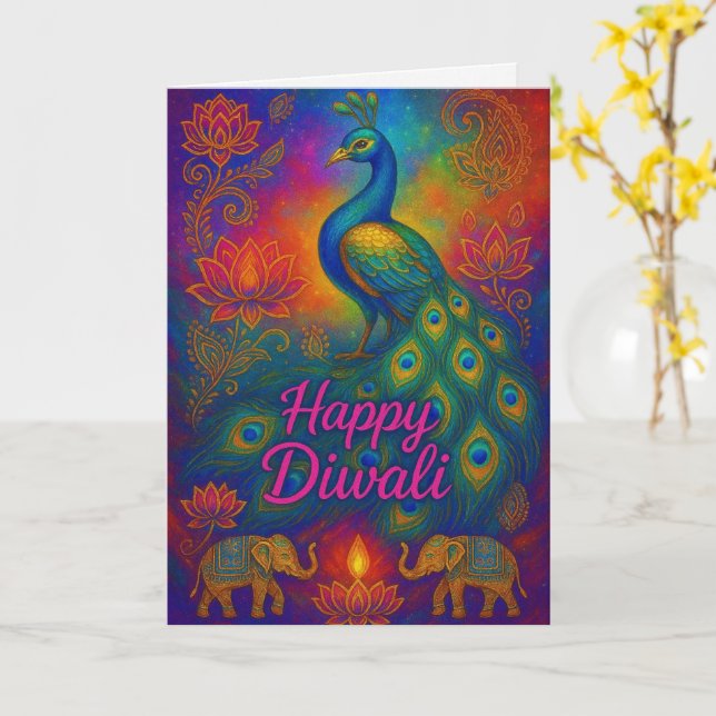 Vibrant Peacock & Lotus Lycklig Diwali Hälsning Kort (Gul blomma)