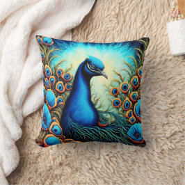 Vibrant Peacock Pair Amid Lush Flowers vid Sunrise Kudde