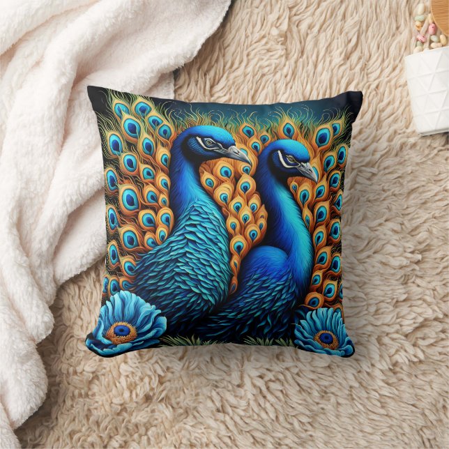 Vibrant Peacocks som uppvisar skönhet bland blommo Kudde (Filt)