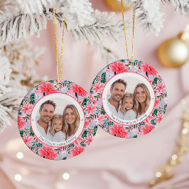 Vibrant Pink Christmas Floral 2 Sided Photo Julgransprydnad Keramik