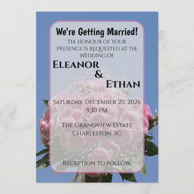 Vibrant Pink Rose Bouquet & Blue Sky Summer  Inbjudningar (Framsida)