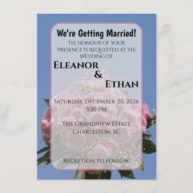 Vibrant Pink Rose Bouquet & Blue Sky Summer  Inbjudningar (Framsida)