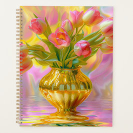 Vibrant Pink Tulips in Golden Vase