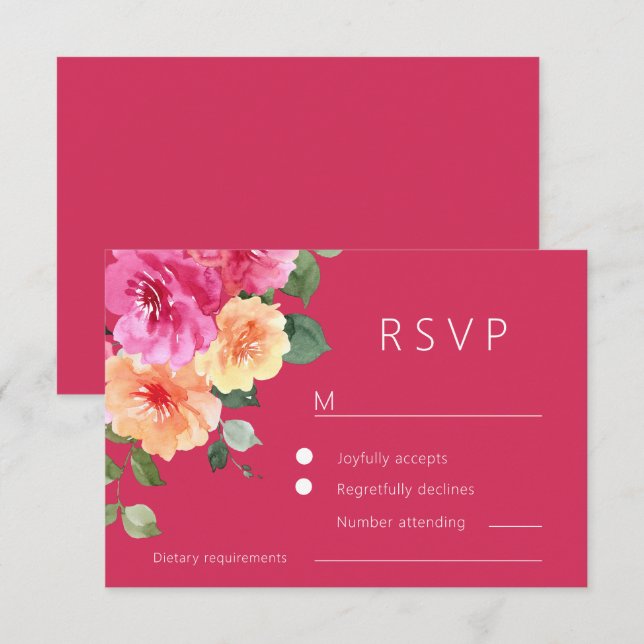 Vibrant Pink Watercolor Floral Wedding OSA Kort (Fram/baksida)