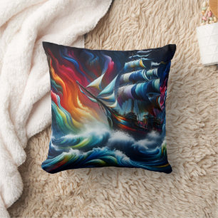 Vibrant Pirat Frakt Navigation Stormy Seas at Dusk Kudde