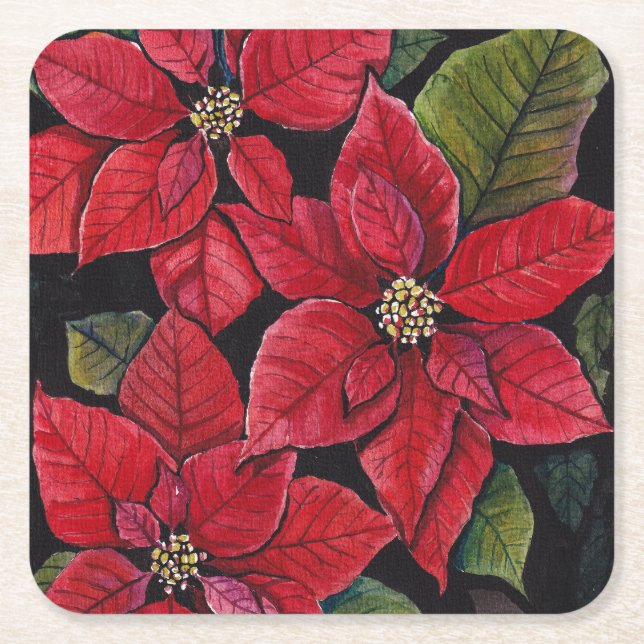 Vibrant poinsettia i vattenfärgen underlägg papper kvadrat (Framsidan)