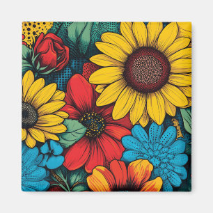 Vibrant Pop Art Blommigt Design Wuth Sunblommor Magnet