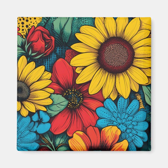 Vibrant Pop Art Blommigt Design Wuth Sunblommor Magnet (Framsidan)