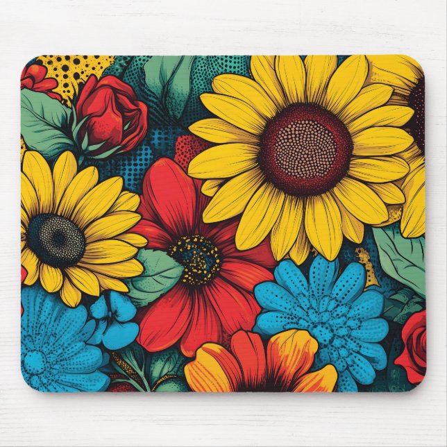 Vibrant Pop Art Blommigt Design Wuth Sunblommor Musmatta (Framsidan)