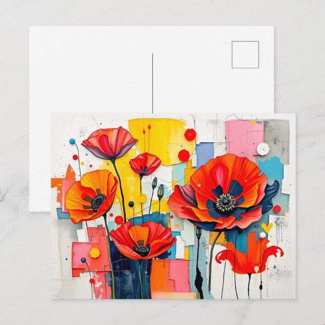 Vibrant Poppy i Modern Abstrakt Stil Helg Vykort (Fram/baksida)