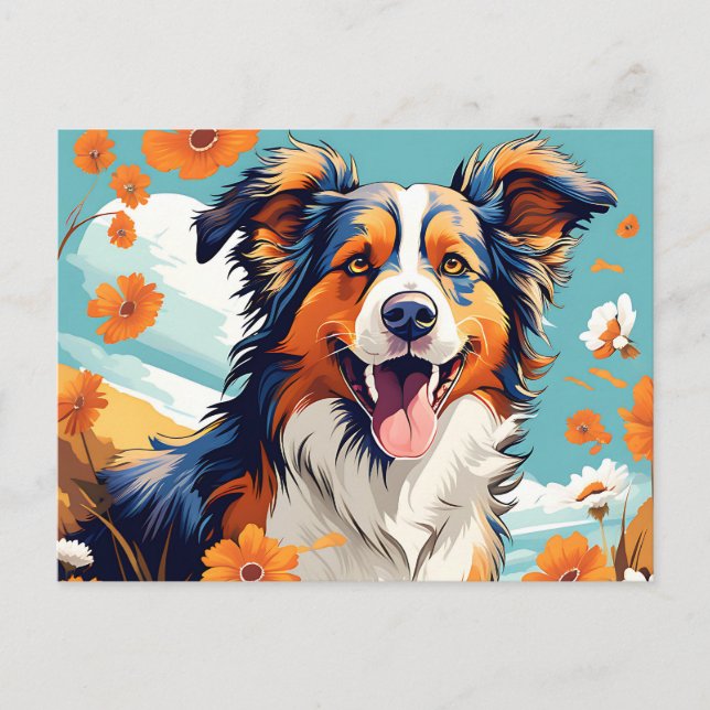 Vibrant Porträtt Australian shepherd och blommor Vykort (Framsida)