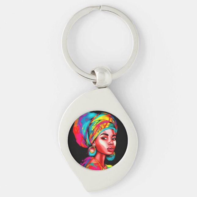 Vibrant Porträtt med färgat hörlskrot Swirl Silverfärgad Nyckelring (Framsidan)