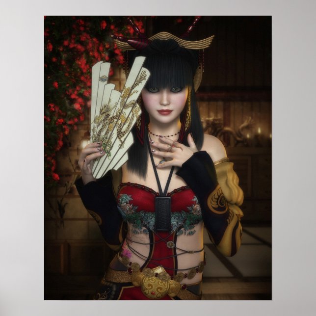 Vibrant Poster i Dam under Blommarna med Fläkt (Framsidan)