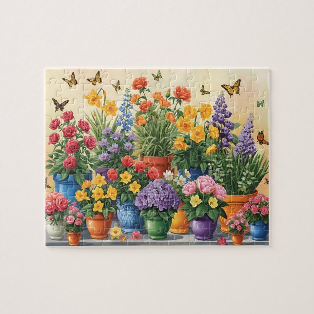 Vibrant Potted Flowers and Butterflies Pussel (Horisontell)