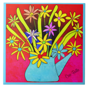 Vibrant Psychedelic Flowers i Blå Vas Kakelplatta